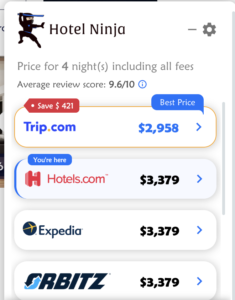 Hotel Ninja price comparison pop-up on a Booking.com hotel page
