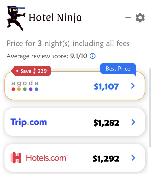 Hotel Ninja popup for Adina Apartment Hotel Berlin Hackescher Markt, 3 nights including all fees: Agoda $1,107 marked Best Price with a Save $239 tag, then Trip.com $1,282 and Hotels.com $1,292.